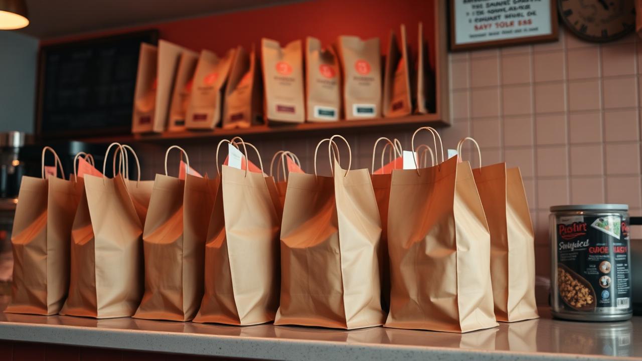Afhaalzakken met bestellingen klaar op de toonbank van een restaurant