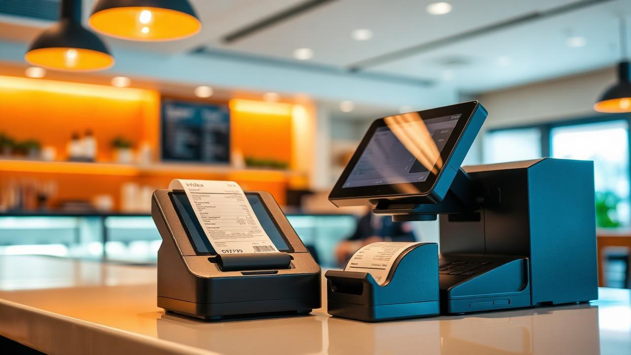 Kassasysteem met bonnenprinter die een online bestelling uitprint op de toonbank van een restaurant