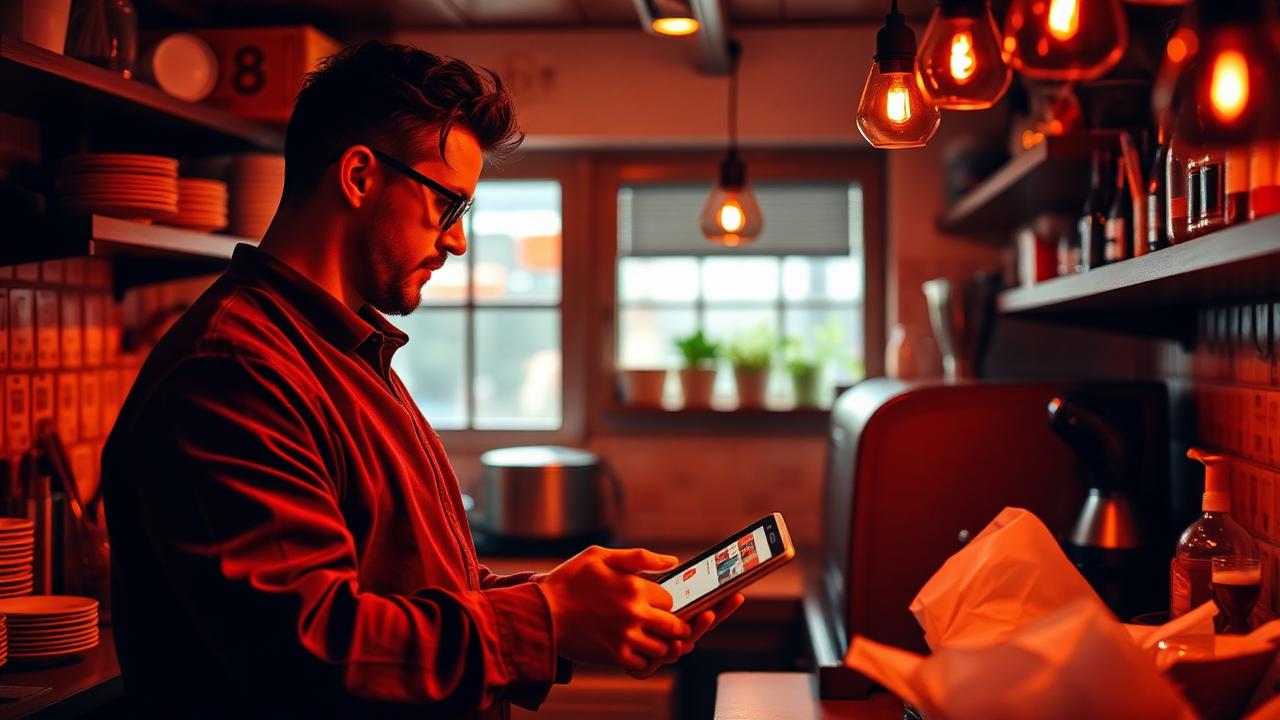 Restauranthouder bekijkt binnenkomende online bestellingen op een tablet in zijn keuken