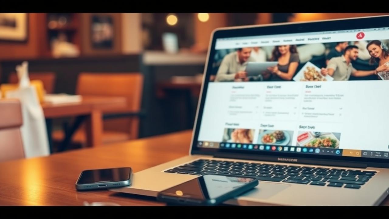 Laptop en telefoon met een online menukaart van een restaurant op tafel